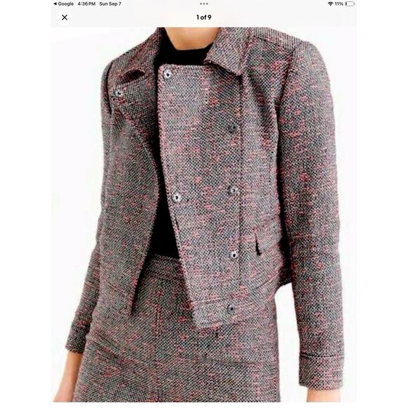 J.Crew Tweed Cropped Moto Jacket, Size 8, Black, White Neon Red, Fall Preppy - Picture 1 of 13